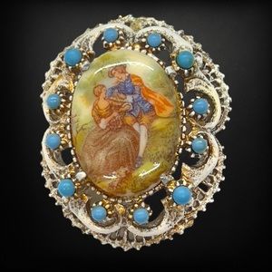 Vintage Florenza Antiqued White Enamel Courting Couple Bead Brooch